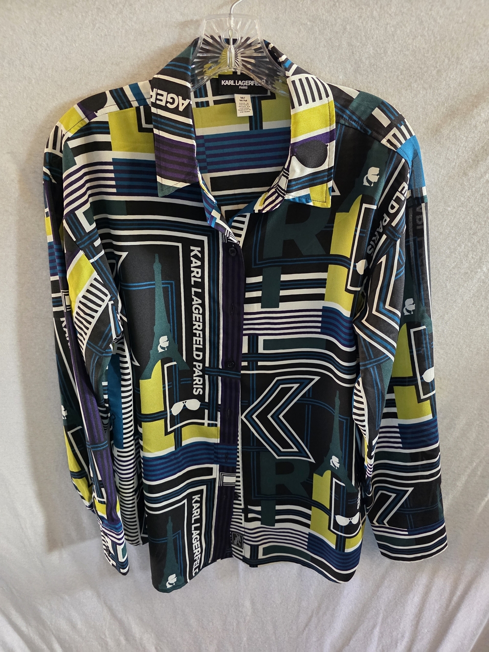 Karl Lagerfeld Black Blue Green Yellow Graphic Button-Down Shirt